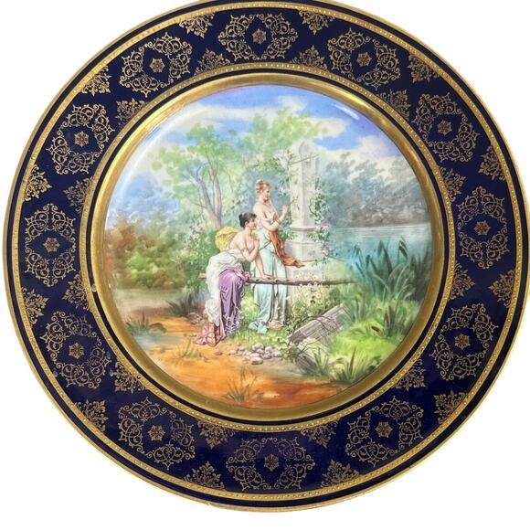 Antique Josef Strnact Display Plate Cobalt Blue Gilded Gold Neoclassical Maidens - Picture 1 of 6